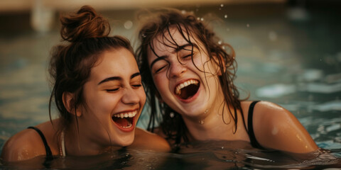 two girls laugh while sitting in water, generative AI