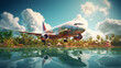 Concept of airplane travel to exotic destination.