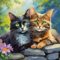 Two Cats Snuggling on a Stone Wall in Spring with Flowers, Romantic Painting, Portrait