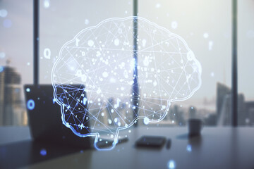 Wall Mural - Double exposure of creative human brain microcircuit and modern desk with computer on background. Future technology and AI concept