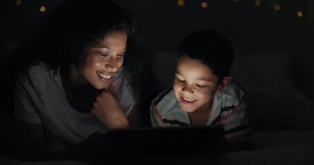 Poster - Night, bedroom and mother with boy, tablet and smile with sleeping routine and connection with ebook. Family, mama and son with tech or dark with cartoon or bonding together with app, home or joyful