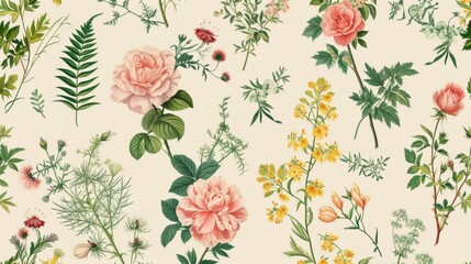 Wall Mural - Vintage pattern botanical variety flowers such as roses, peonies, daisies, and ferns aged paper hand-drawn classic botanical drawings, elegant design suitable for fabric, wallpaper, and stationery