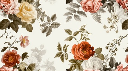 Wall Mural - Vintage pattern botanical variety flowers such as roses, peonies, daisies, and ferns aged paper hand-drawn classic botanical drawings, elegant design suitable for fabric, wallpaper, and stationery