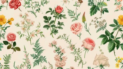 Sticker - Vintage pattern botanical variety flowers such as roses, peonies, daisies, and ferns aged paper hand-drawn classic botanical drawings, elegant design suitable for fabric, wallpaper, and stationery