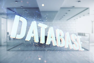 Wall Mural - double exposure of creative database word hologram on modern corporate office background, research a