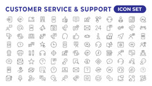 "Customer Service Icon Set.. Contains Customer Satisfaction, Assistance,. Experience, Operator, And Technical Support Icons. .Solid Collection.Simple Set Of Help Support Related Vector Line Icons. "