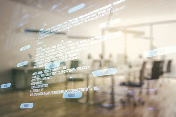 Wall Mural - double exposure of abstract creative programming illustration on a modern furnished office interior 