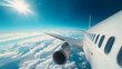 Airplane wings in the blue sky, over cloud.  aeral view. copy space, trip advertising. mockup.