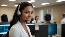 A Smiling Call Center Worker Answers The Call And Provides The Service With Kindness And Attention.