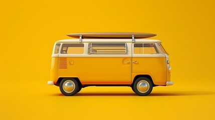 Wall Mural - Yellow Camper surf van with surfboards isolated on yellow background. retro bus, side view. copy space.