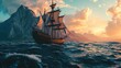 A tall ship with multiple sails set against a backdrop of dramatic mountains and a turbulent sea. The sails are billowing in the wind as the ship navigates through the choppy waves. The sky above is p