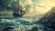 A large, old-fashioned sailing ship with three masts and fully unfurled sails navigates choppy seas near a rocky coastline. The sun sits low in the hazy sky, casting a warm glow and creating dramatic 