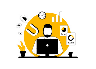 Wall Mural - seo marketing specialist, smm manager working on computer. project manager handling digital content 