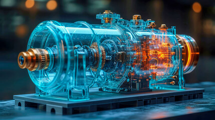 An industrial engine transparent modern high-tech centrifugal electric pump with asynchronous electric motor on a blue background with reflection