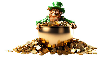 St. Patrick's day - Leprechaun pot of gold and luck, isolated on transparent, Generative ai