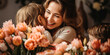 Joyful mother embracing her children with love, smiling with a bouquet of tulips, celebrating Mother's Day