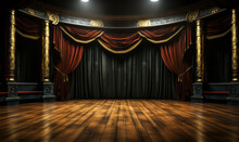 Elegant Theatrical Stage With Luxurious Golden Curtains Drawn Aside On A Classic Wooden Floor, Inviting Performances In A Dramatic And Opulent Setting