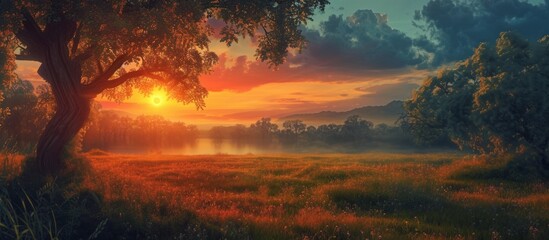 Wall Mural - Lush Landscape, Serene Meadow, Sunset: A Mesmerizing Blend of Landscape, Meadow, and Sunset