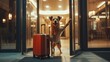 © Rodica - Welcome dog. Concept of pet friendly hotel, pet friendly space. Dog  and luggage suitcase at the hotel entrance, hotel door. Traveling with dogs