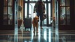 Welcome dog. Concept of pet friendly hotel, pet friendly space. Dog  and luggage suitcase at the hotel entrance, hotel door. Traveling with dogs
