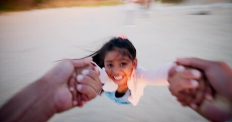 Sticker - Child, parent and swing at beach for happy games, play and holding hands in POV support, fun or excited. Face of Mexican girl and person spinning in air for family bonding, love or adventure outdoor