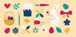 © Инна Спирина - Cute colorful set for Happy Easter. Rabbit, eggs, flowers and chicks. Trendy minimalistic flat vector illustration. Collection of holiday icons. Website decoration, graphic elements. Holiday covers