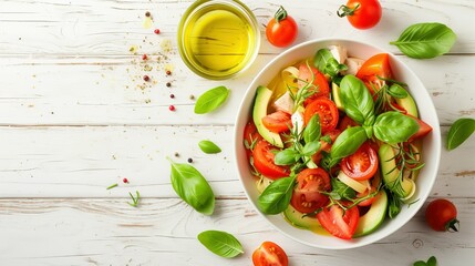 Wall Mural - Healthy Chicken Pasta Salad with Avocado Tomato and olive oil and vinegar dressing in white bowl on white wood table vertical view from above free space. Creative Banner. Copyspace image