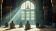 Muslim men praying in the mosque. Back view of muslim worship sitting and praying inside mosque during afternoon sunlight. Generative AI
