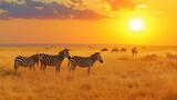 Fototapeta Sawanna - Zebras in the African savanna against the backdrop of beautiful sunset. Serengeti National Park. Tanzania