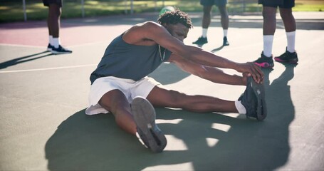 Canvas Print - Basketball, black man and stretching with fitness, sunshine and athlete with warm up for a match and sports. Training, breathing and player on the ground and healthy with wellness and workout