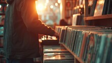 Vintage Record Store Scene With Rows Of Vinyl Albums, A Customer Browsing Through The Selection, And A Classic Turntable Playing In The Background