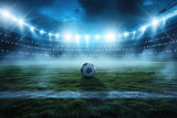 Fototapeta Sport - Football stadium arena for match with spotlight. Soccer sport background, green grass field for competition champion match.