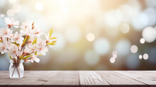 Empty Table Background With Spring Theme In Background
