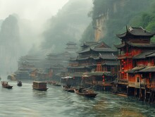 Traditional Asian Fishing Villages In HD