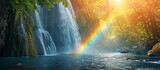Fototapeta Tęcza - Waterfall Has a Gorgeous Rainbow Display: A Serene Scene with a Majestic Waterfall Surrounded by a Beautiful Rainbow