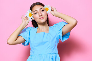 Sticker - female woman blue flower studio dress fashion smile camomile pink young