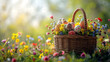 A charming wicker basket filled with ornate Easter eggs nestled among a field of vibrant spring wildflowers in full bloom.