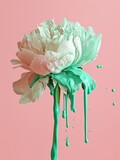 Fototapeta Kwiaty - A striking image of a white peony with mint colored paint dripping down against a pink background