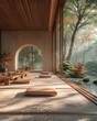 An open japanese pavilion with tatami mats and wooden design, offering a view of a beautifully landscaped garden