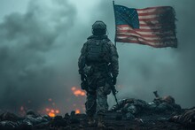 Warrior Watching A Soldier's Flag Flies Over A Grim Scene Generative AI