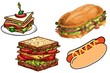 Set fast food. Sandwich, hot dog and burger on a white isolated background. Watercolor hand drawn illustration. Suitable for menu, cookbook, recipe and restaurant