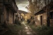 An aged path enters deserted town. Generative AI