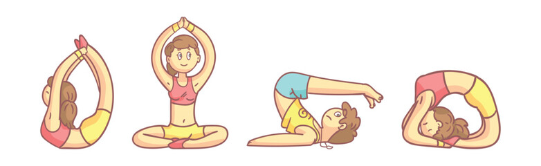 Sticker - People Character Yoga Practice Do Physical Exercises Vector Set