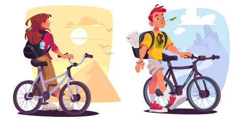 set of cycling tourists traveling by bike. vector cartoon illustration of young man, woman enjoying 