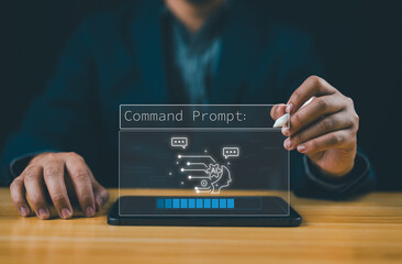 Fototapete - Ai technology, Artificial Intelligence. Man using technology smart robot AI, artificial intelligence by enter command prompt for generates something, Futuristic technology transformation. Chat with AI