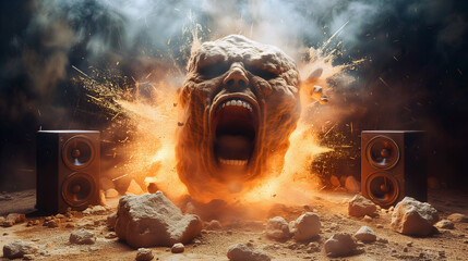 Heavy metal or rock music concept. Angry rock face exploding between speakers