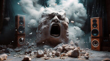 Rock Music Concept. Stone Boulder Crumbles And Explodes Into Dust Between Loudspeakers