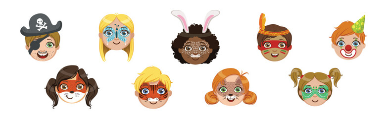 Sticker - Kids With Painted Faces at Party or Festive Carnival Vector Set