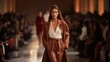 © liliyabatyrova - Fashion show. A beautiful attractive woman in a brown coat confidently walks down the catwalk, showing off the designer's new clothing collection for Fashion Week.