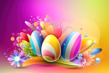 Wall Mural - Happy Easter background, Easter eggs scene, Easter bunny ears with easter eggs, Easter poster background template with Easter eggs in the nest, Easter party concept.